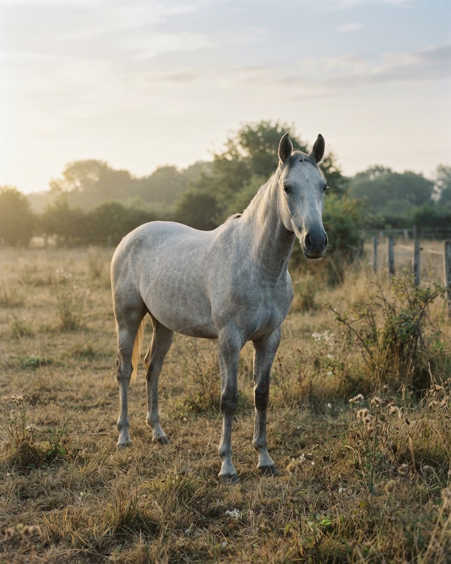 Un jeune cheval gris debout dans un pré au petit matin, tête tournée vers l'objectif