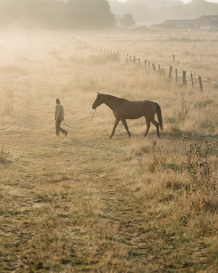 Un cheval bai marché en main sur un chemin herbeux, dans la brume du matin